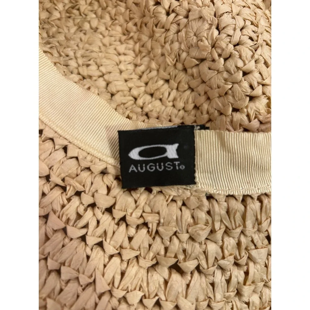 August Straw Sun Hat OS Tan Floral Trim Wide Brim Flower Accent Womens